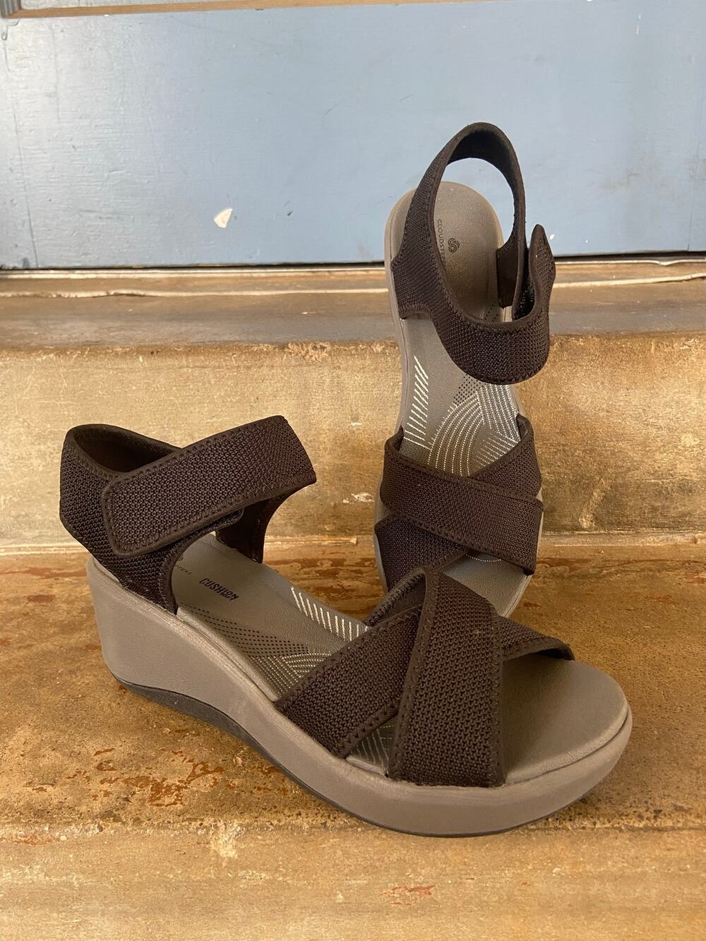 Cloudsteppers by Clarks Cali Skye black textile upper criss cross strap sandal